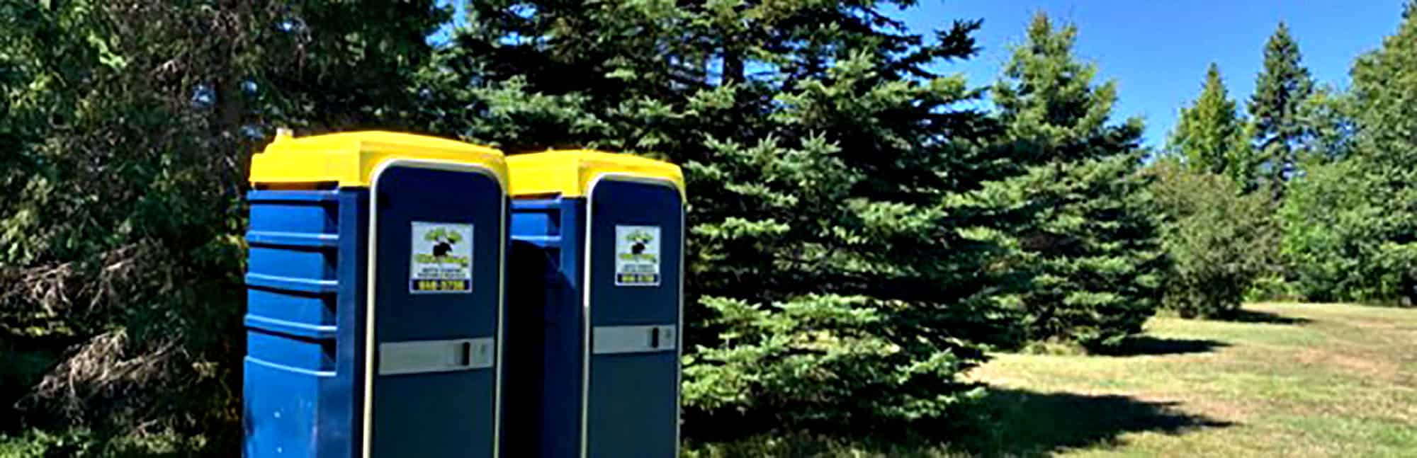 Two portable toilets in a scenic forest setting