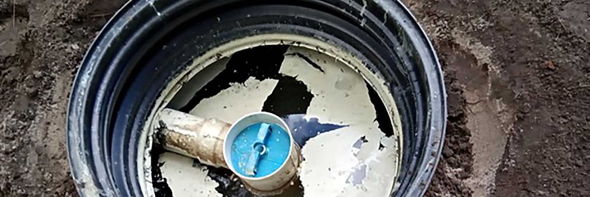 Septic with water meter partially submerged in muddy water