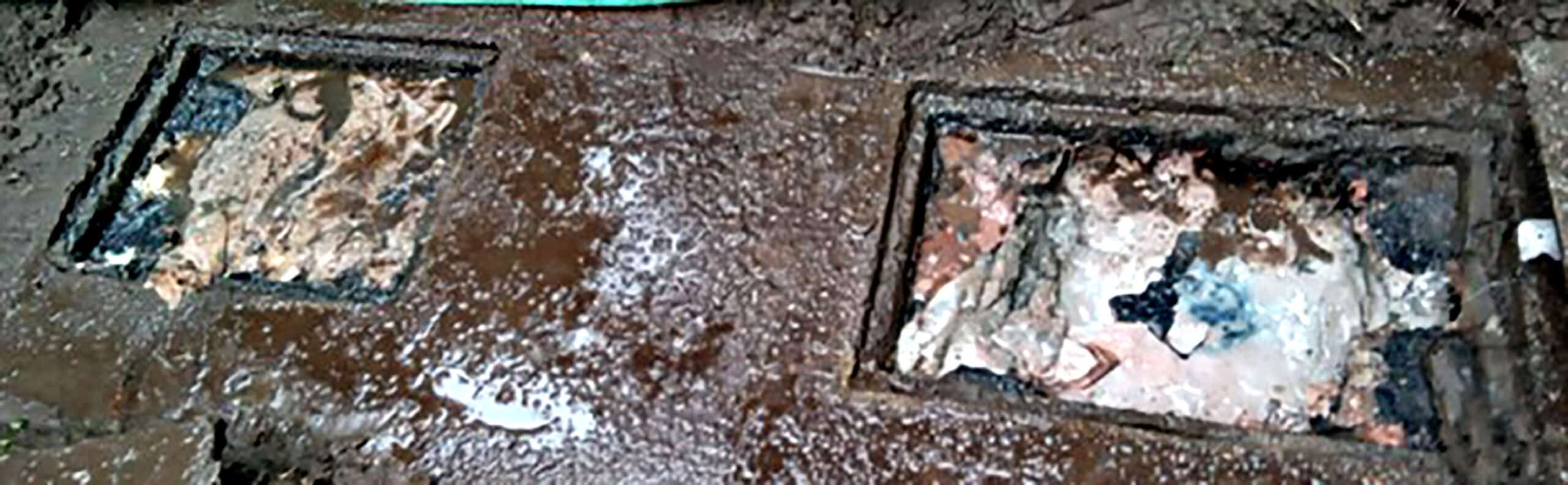 Sewage inspection chambers with accumulated waste and water